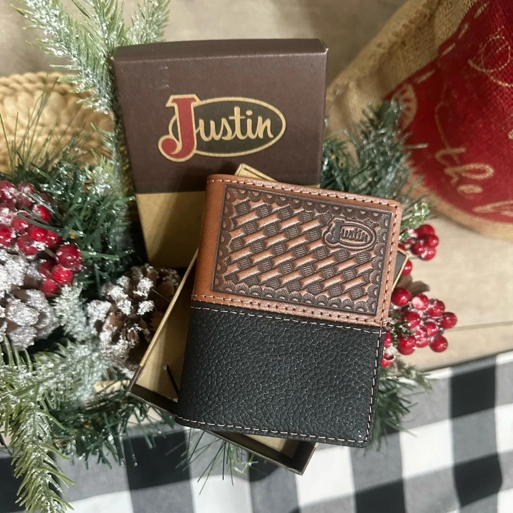 New Justin Boots Mens Leather Wallet Bi Fold Basketweave Card Wallet Brown Black